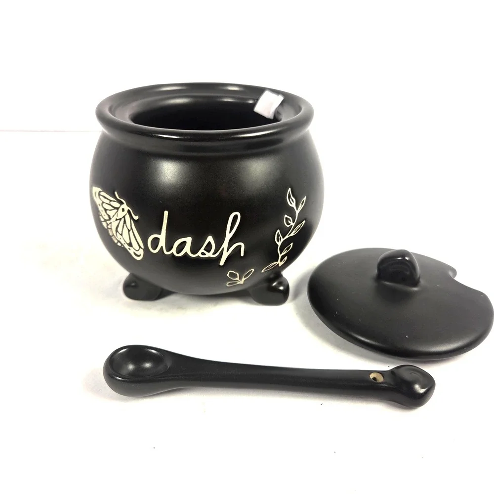 Rae Dunn DASH Cauldron Jar Lid Spoon Black Ceramic Moth Gothic Kitchen Decor